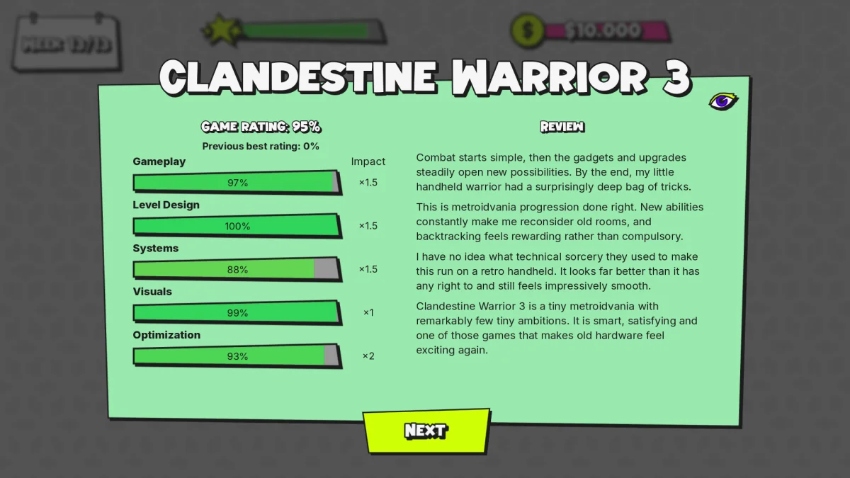 Clandestine Warrior 3 earns a 95 percent game rating, with five discipline scores and a written review
