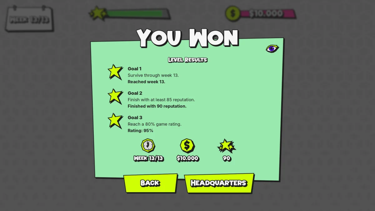 Project Burnout victory screen with three completed campaign goals and final week, budget and reputation statistics