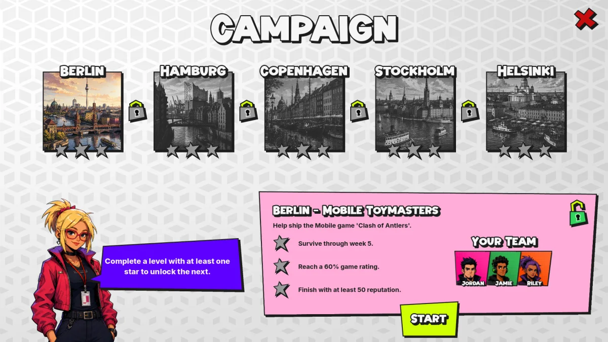 Campaign map with Berlin, Hamburg, Copenhagen, Stockholm and Helsinki, and the selected Berlin studio goals