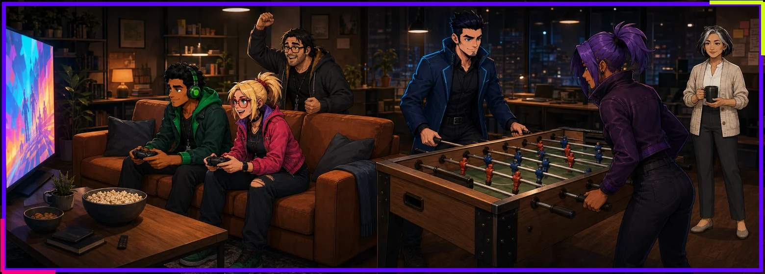 Jamie and Lily play a couch co-op game while Morgan cheers, Jordan and Riley face each other across a foosball table, and Doc Kindle watches from the edge of an after-hours studio lounge